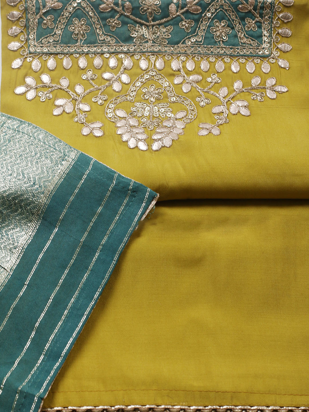 Embroidered Chanderi Unstitched Suit With Pant &amp; Dupatta