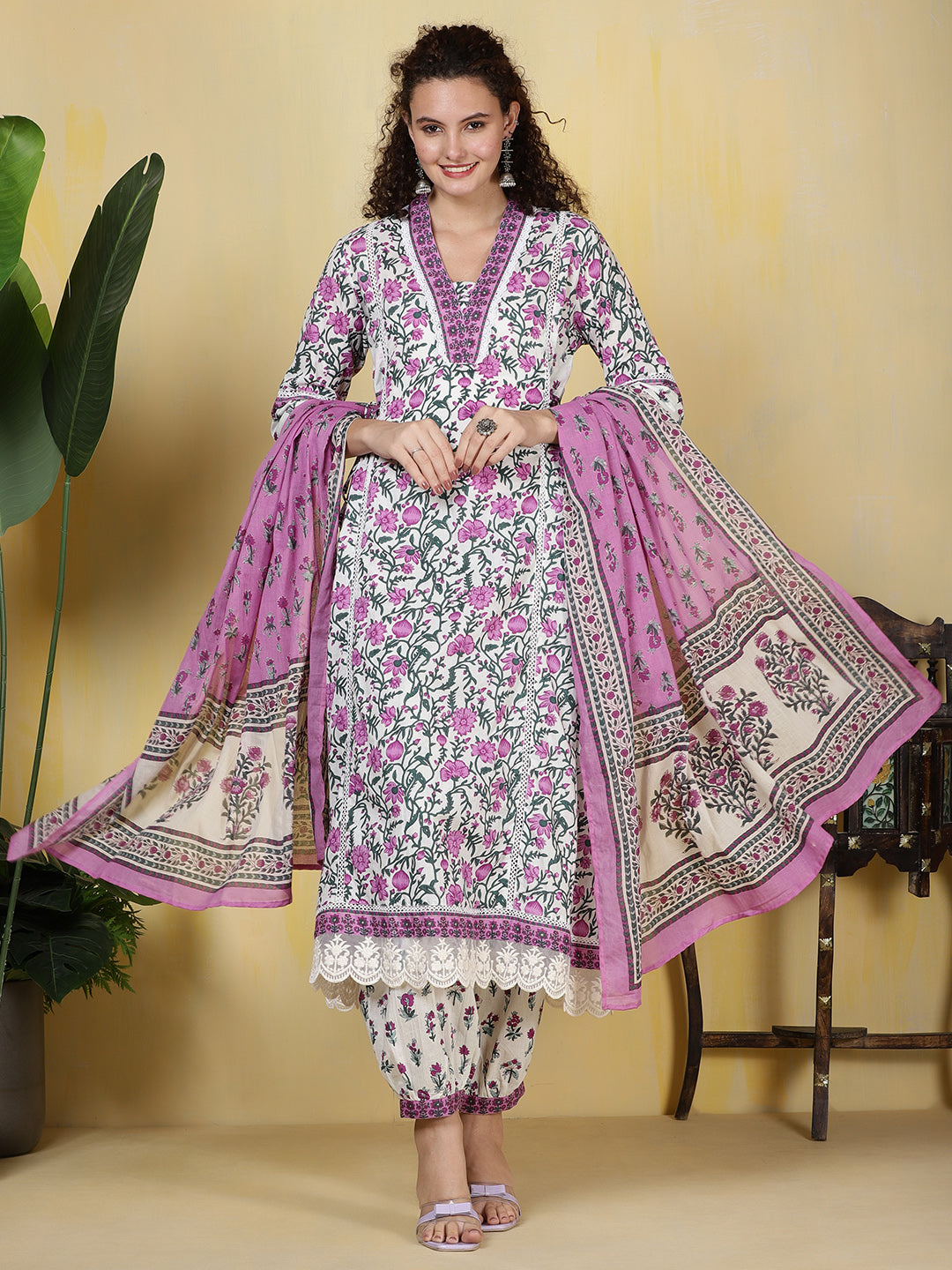 Printed Cotton Blend Kurta With Pants &amp; Dupatta