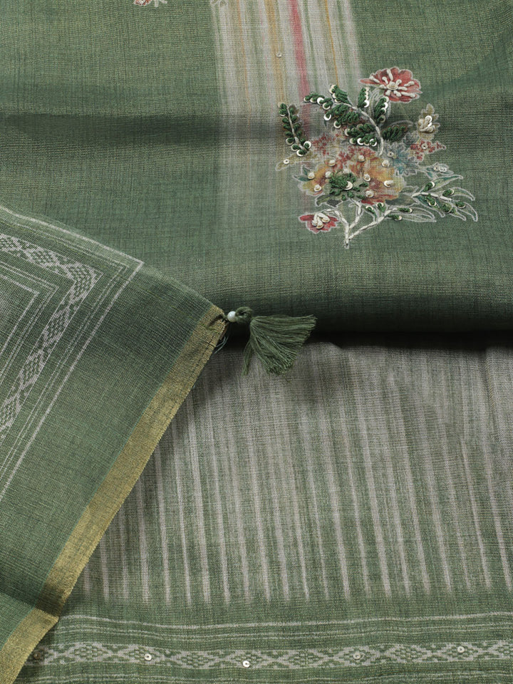 Printed Linen Blend Unstitched Suit With Pant &amp; Dupatta