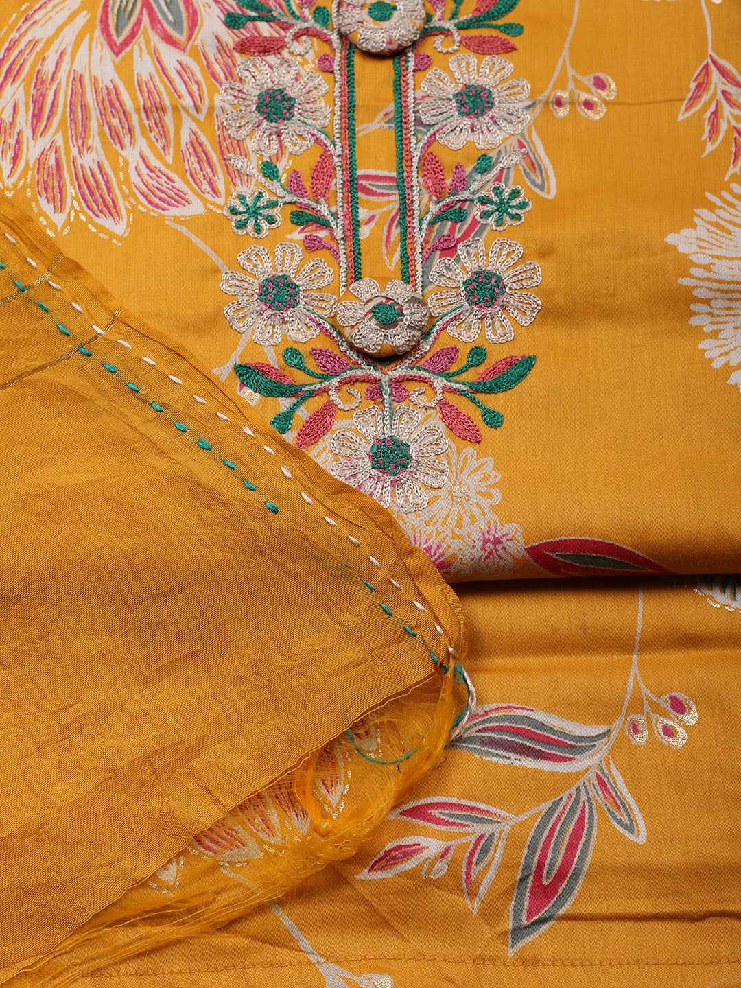 Embroidered Cotton Blend Unstitched Suit With Pant &amp; Dupatta