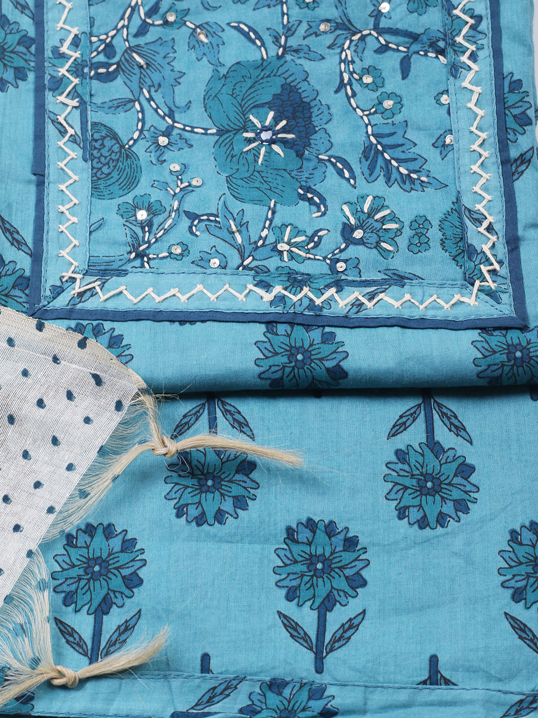 Printed Cotton Blend Unstitched Suit With Pant &amp; Dupatta