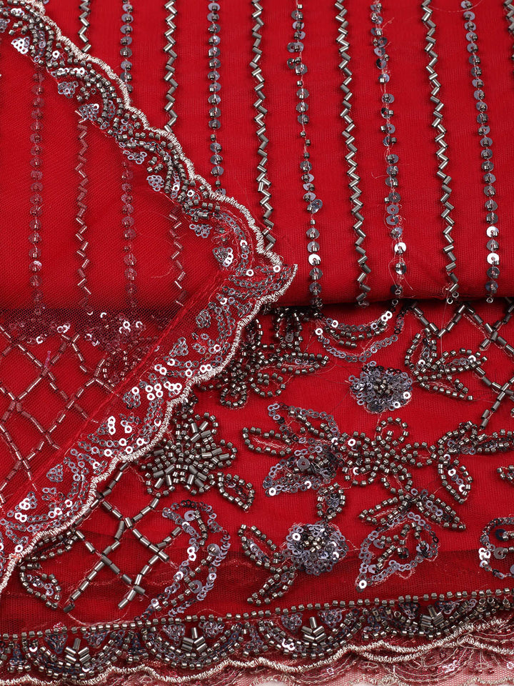 Embroidered Net Unstitched Suit With Pant &amp; Dupatta