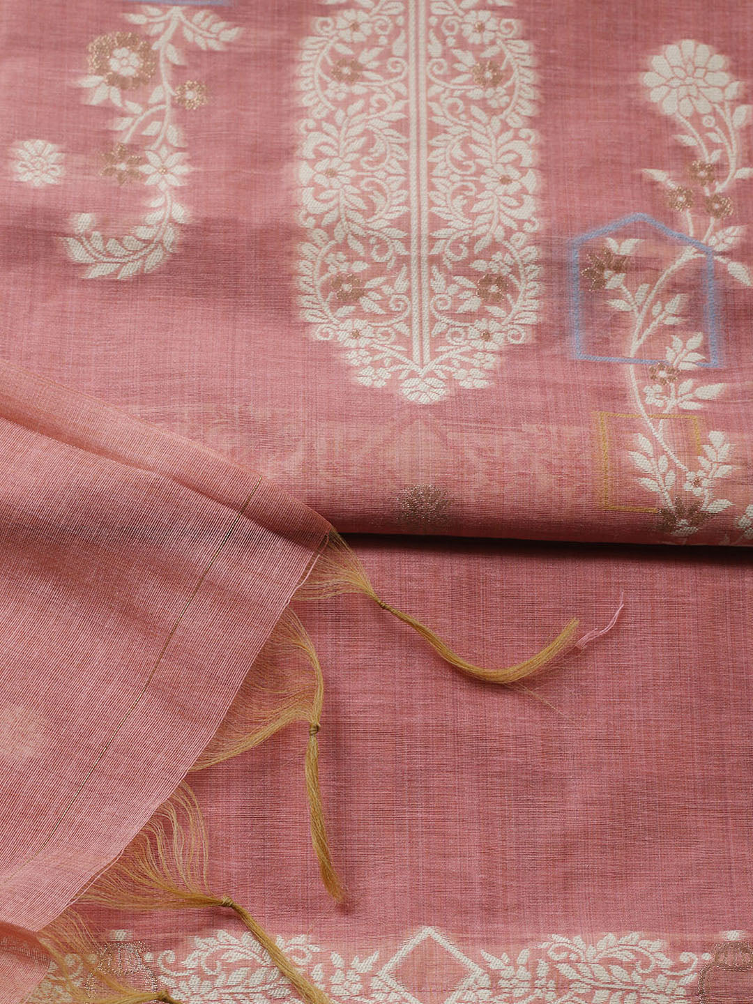 Printed Chanderi Unstitched Suit With Pant &amp; Dupatta