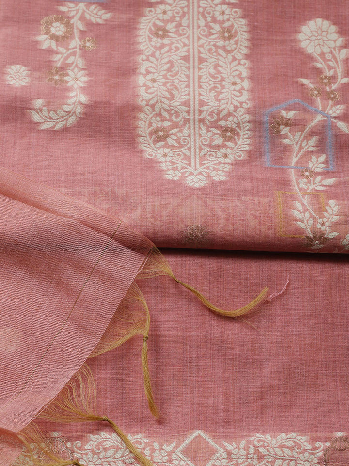 Printed Chanderi Unstitched Suit With Pant &amp; Dupatta
