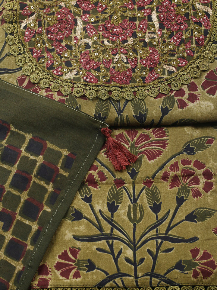 Embroidered Cotton Blend Unstitched Suit With Pant &amp; Dupatta