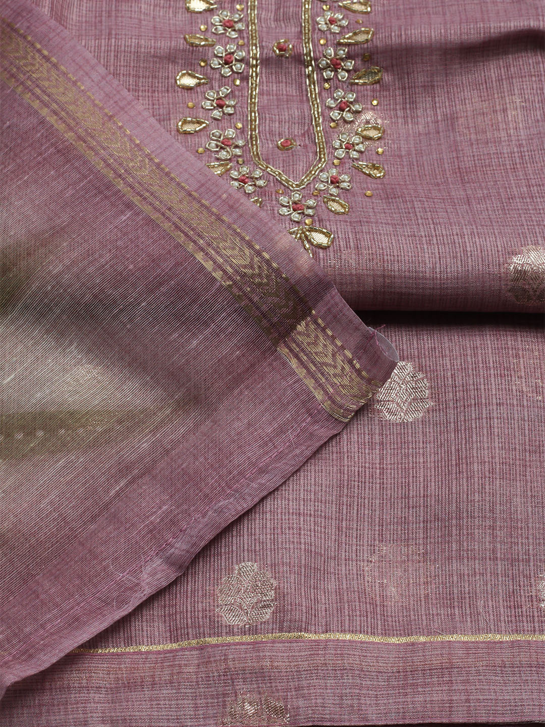 Embroidered Linen Unstitched Kurta With Pant & Dupatta