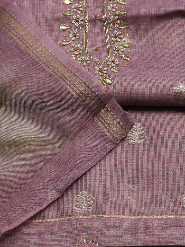 Embroidered Linen Unstitched Kurta With Pant &amp; Dupatta