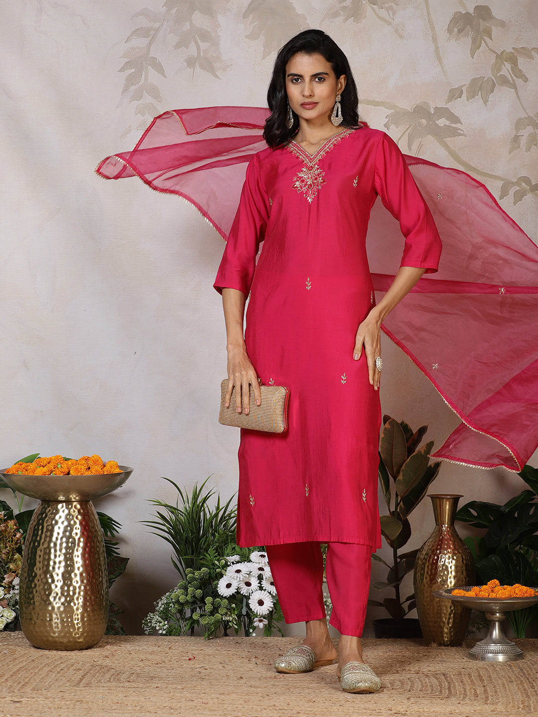 Embroidered Cotton Blend Kurta With Pants & Dupatta