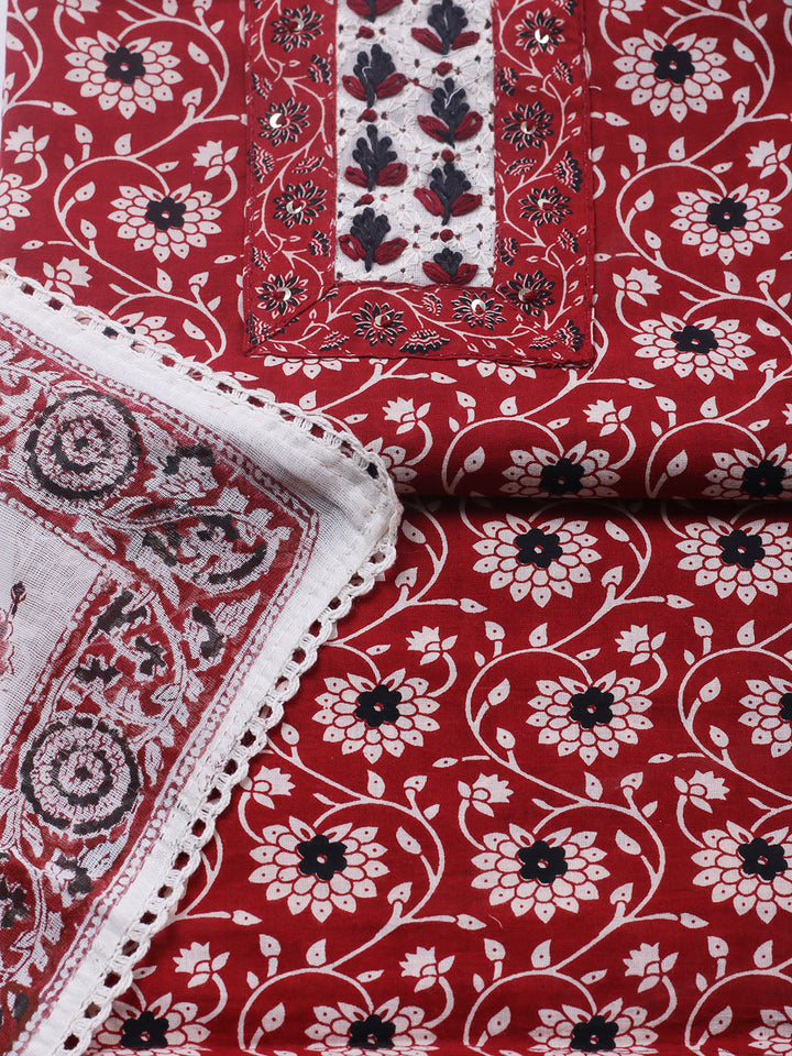 Embroidered Cotton Blend Unstitched Suit With Pant &amp; Dupatta