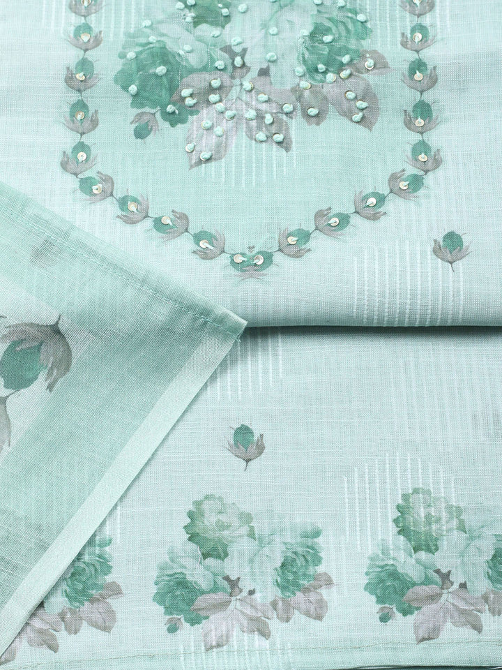 Embroidered Linen Blend Unstitched Suit With Pant Dupatta