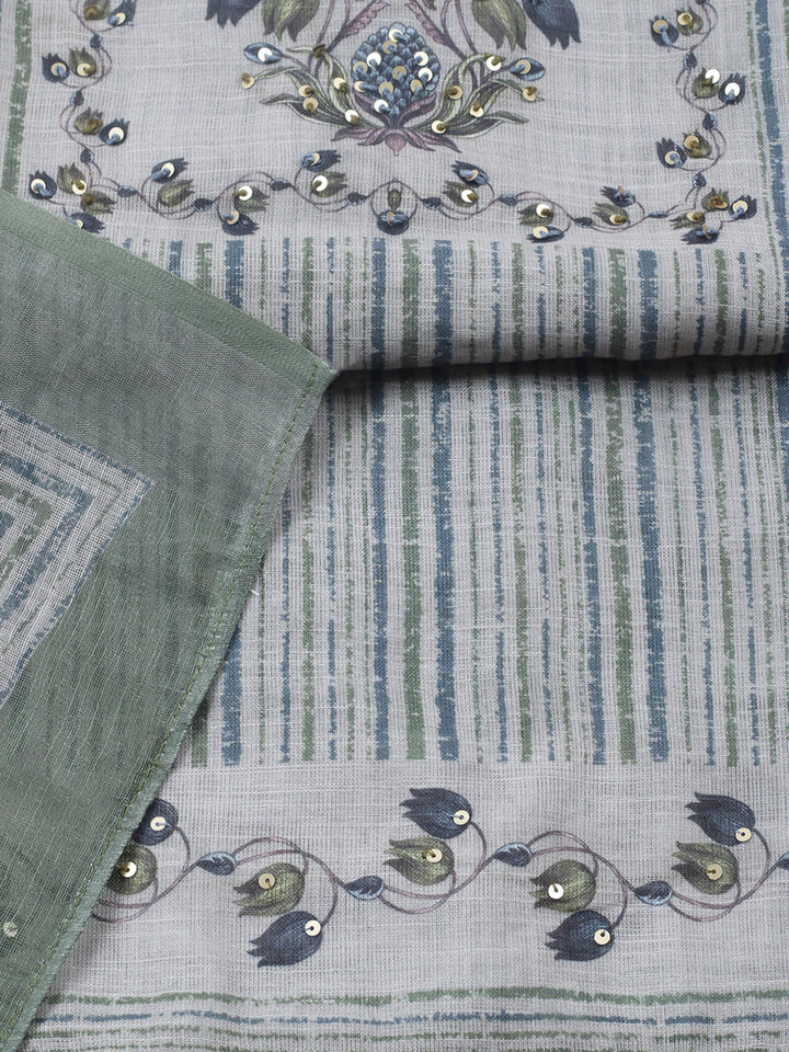 Printed Linen Blend Unstitched Suit With Pant &amp; Dupatta