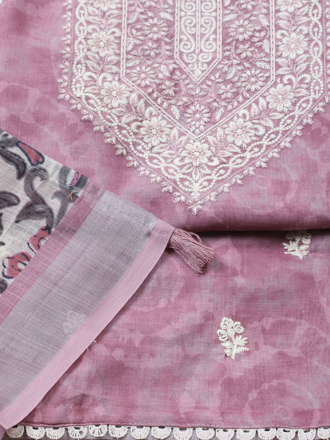 Embroidered Linen Blend Unstitched Suit With Pant Dupatta