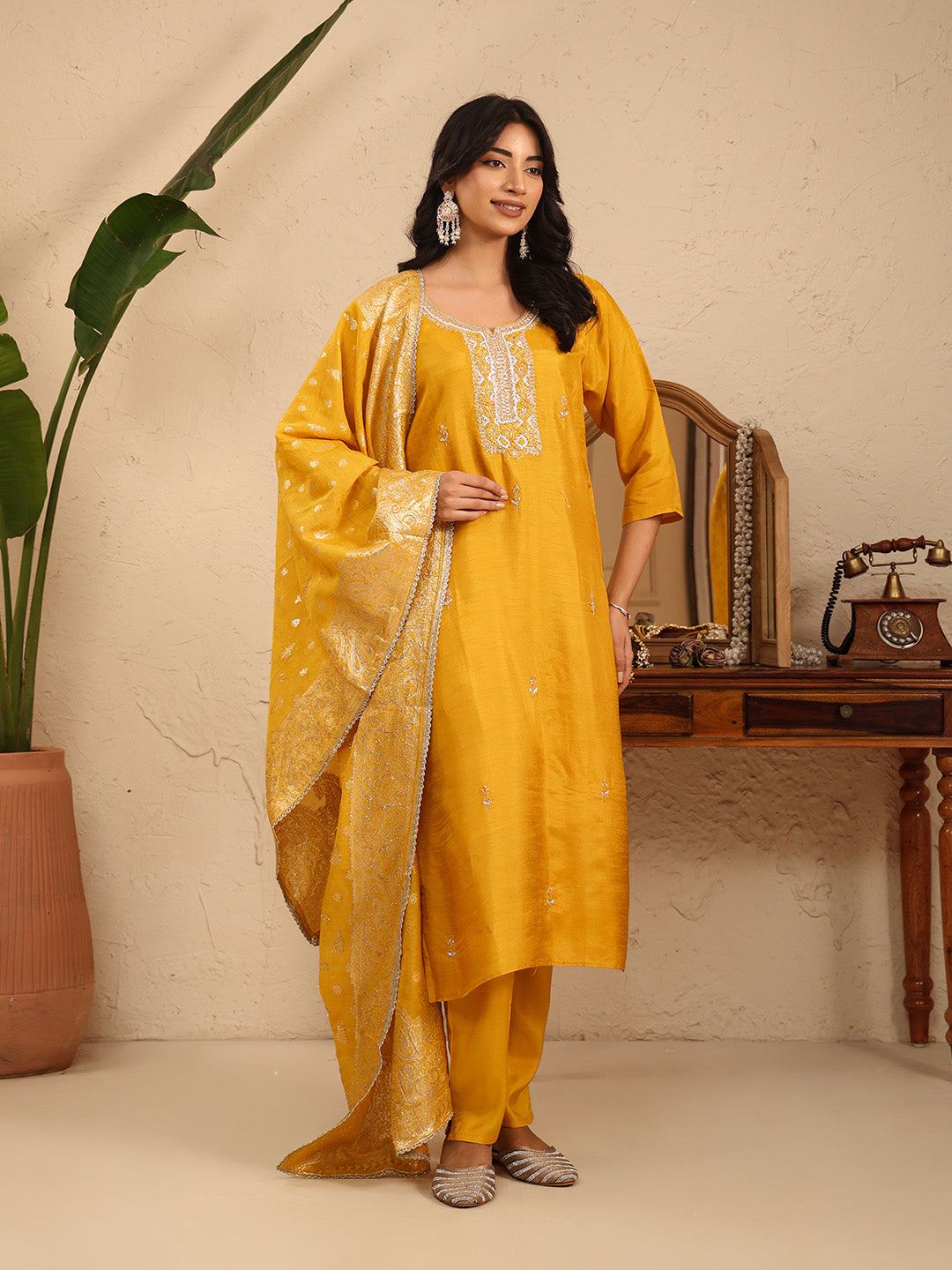 Embroidered Cotton Kurta With Pant &amp; Dupatta