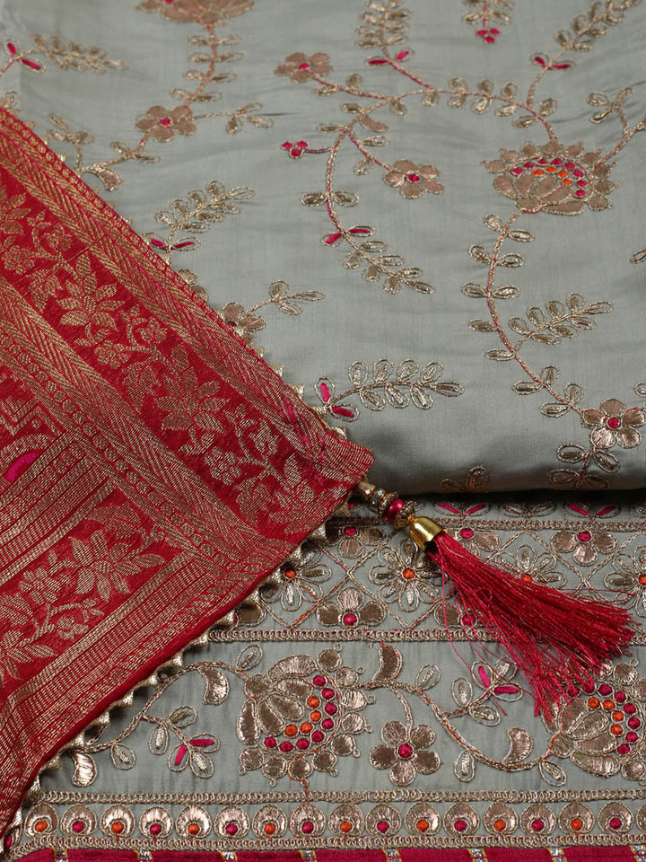 Embroidered Chanderi Unstitched Suit With Pant &amp; Dupatta