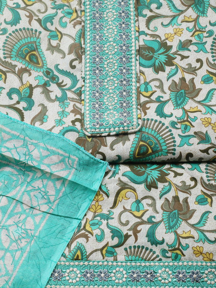 Printed Cotton Blend Unstitched Suit With Pant &amp; Dupatta
