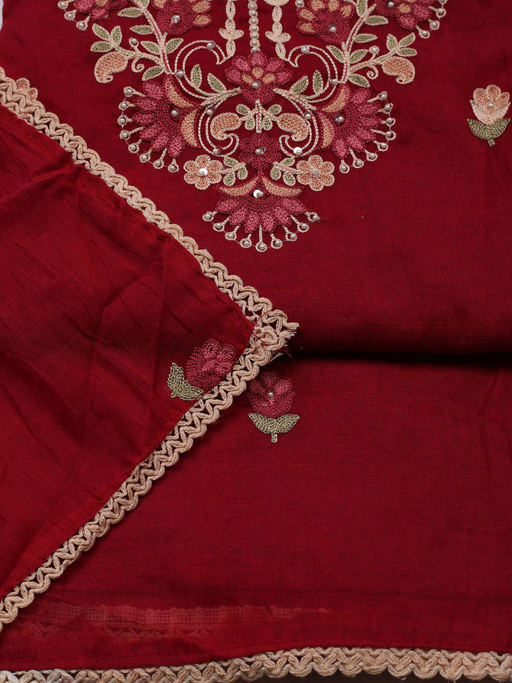 Embroidered Cotton Blend Unstitched Suit With Pant &amp; Dupatta