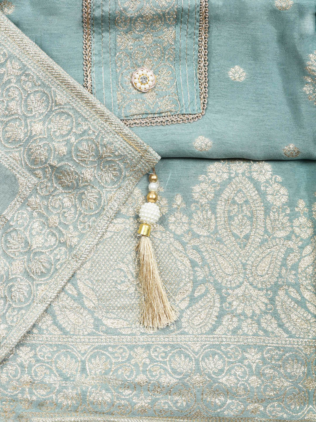 Embroidered Chanderi Unstitched Suit With Pant &amp; Dupatta