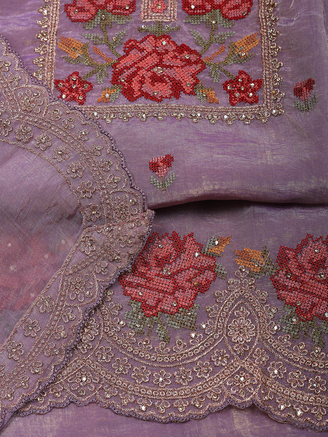 Embroidered Tissue Unstitched Suit With Pant &amp; Dupatta