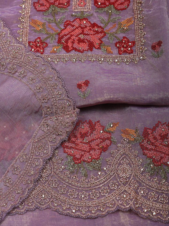 Embroidered Tissue Unstitched Suit With Pant &amp; Dupatta