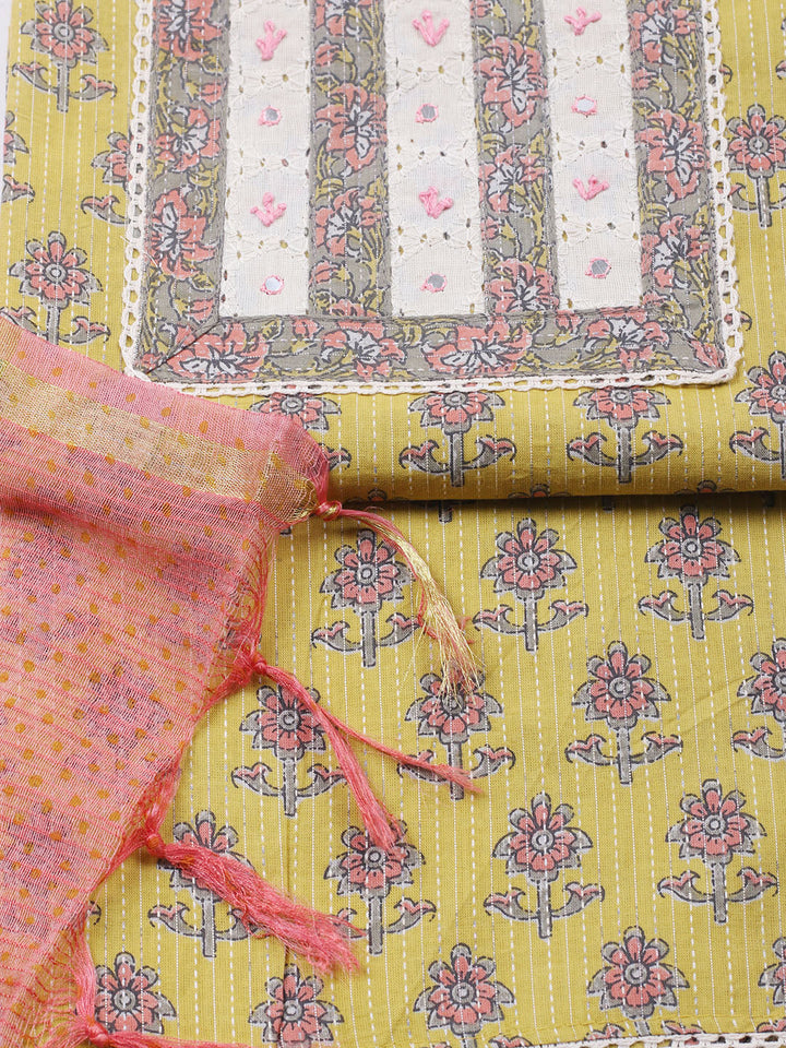 Printed Cotton Blend Unstitched Suit With Pant &amp; Dupatta