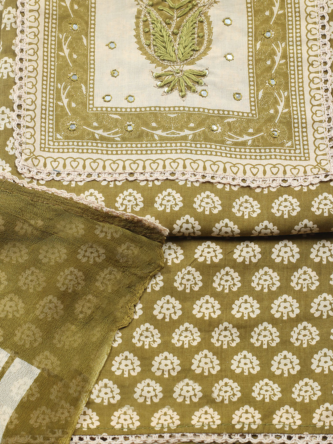Embroidered Cotton Blend Unstitched Suit With Pant &amp; Dupatta