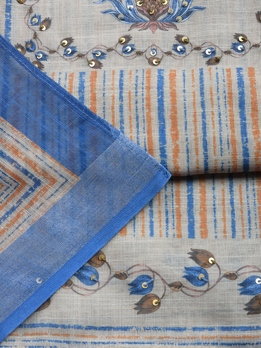 Printed Linen Blend Unstitched Suit With Pant &amp; Dupatta