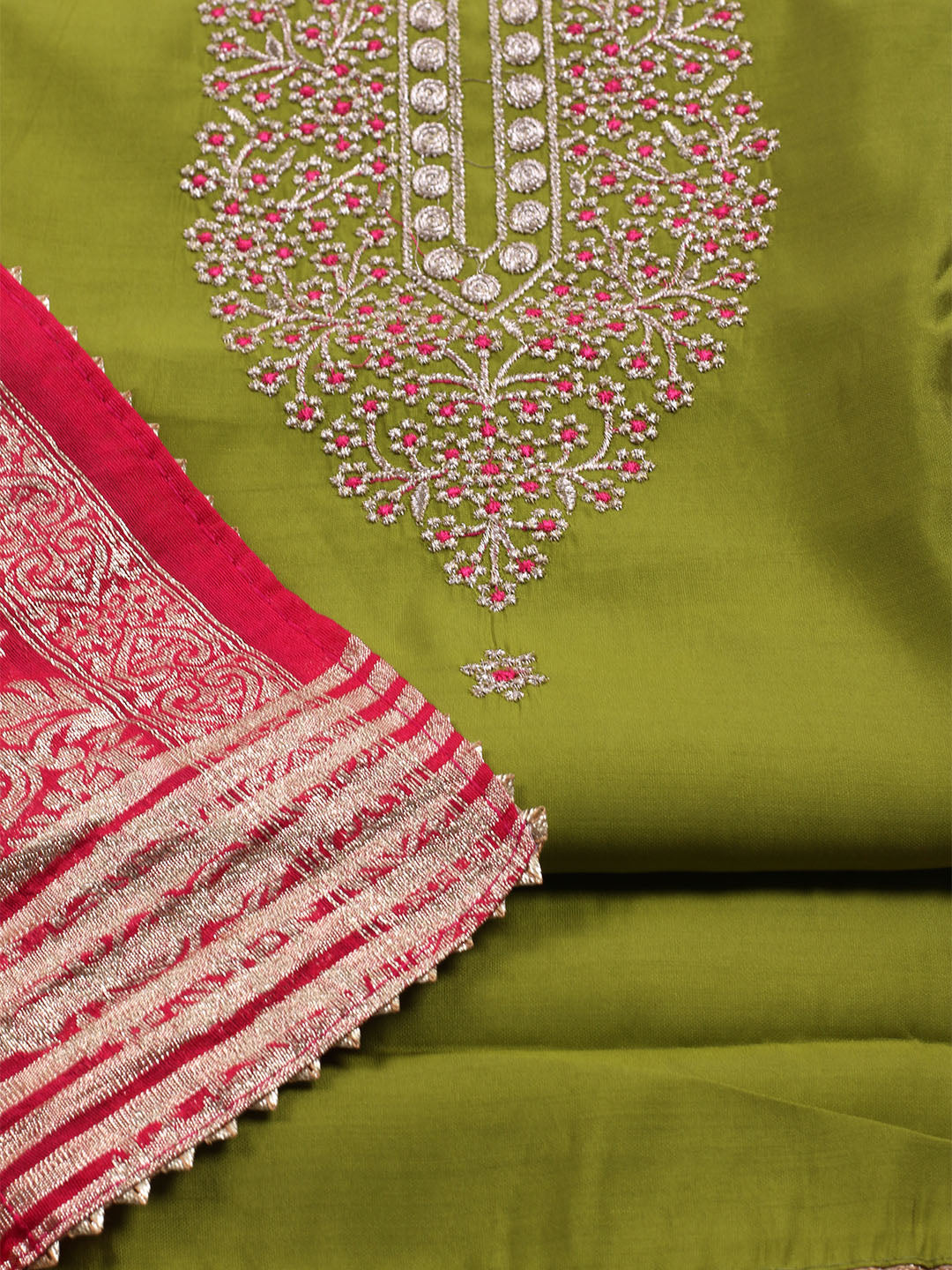 Neck Embroidered Chanderi Unstitched Suit With Dupatta