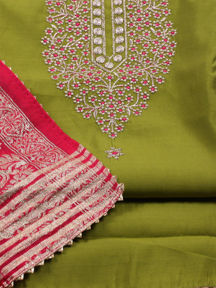 Neck Embroidered Chanderi Unstitched Suit With Dupatta