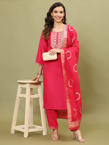 Neck Embroidery Cotton Blend Kurta With Pants & Dupatta