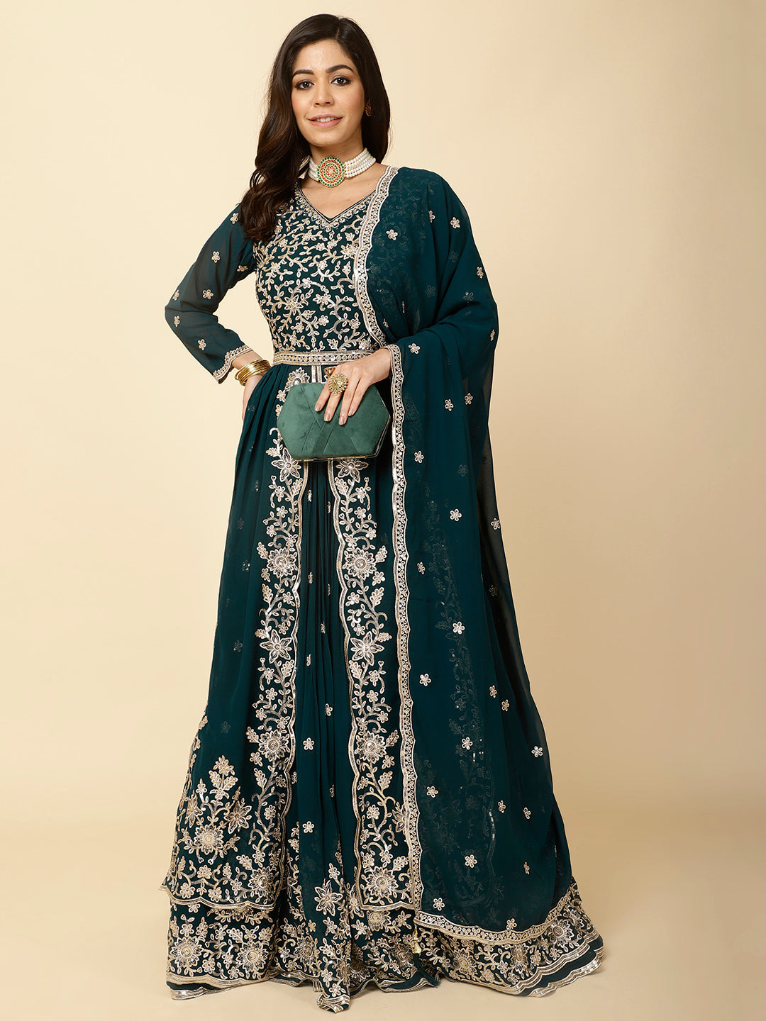Resham Embroidery Georgette Kurta With Lehenga &amp; Dupatta