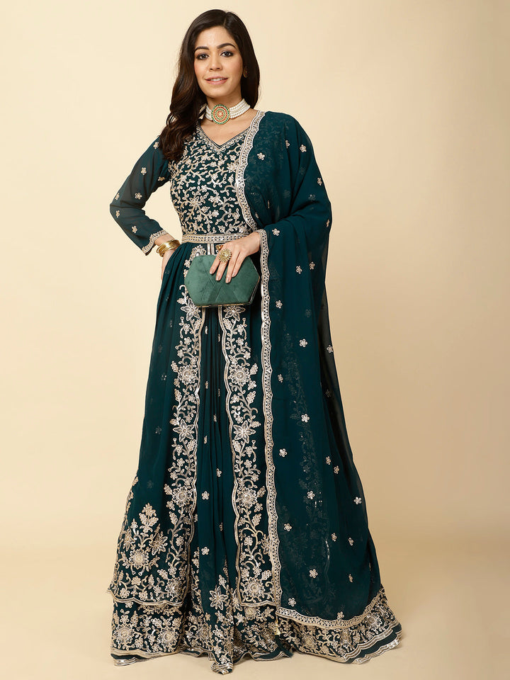 Resham Embroidery Georgette Kurta With Lehenga &amp; Dupatta