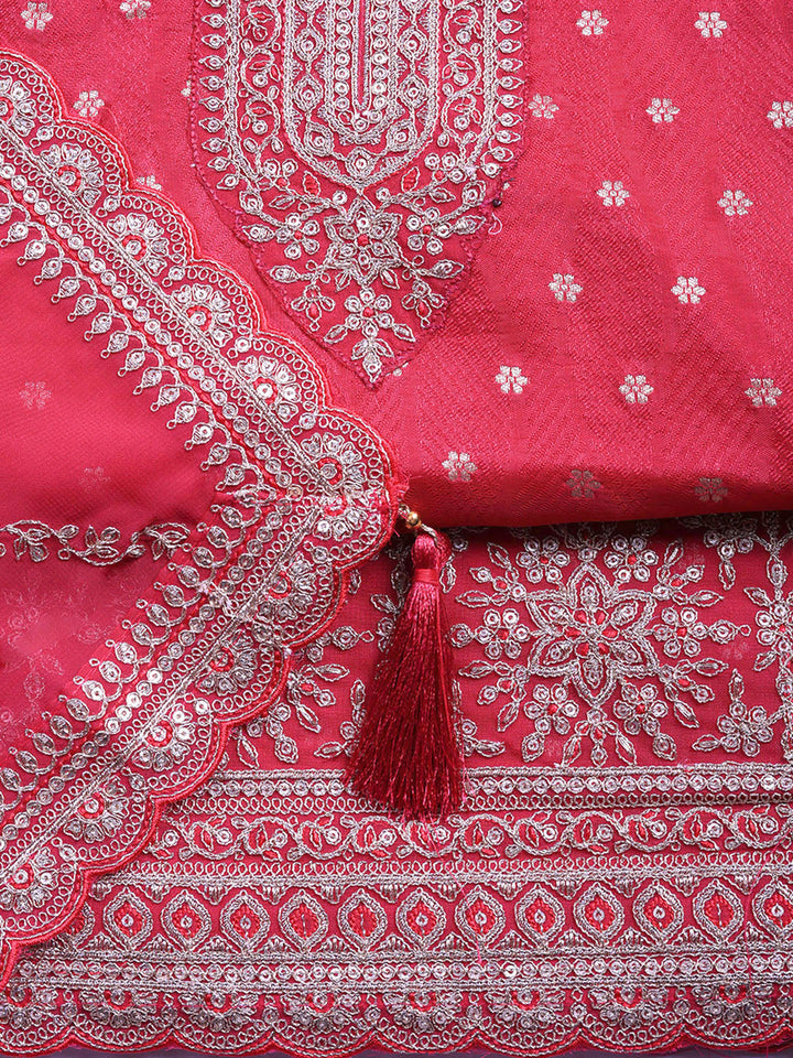 Embroidered Art Silk Unstitched Suit With Pant &amp; Dupatta