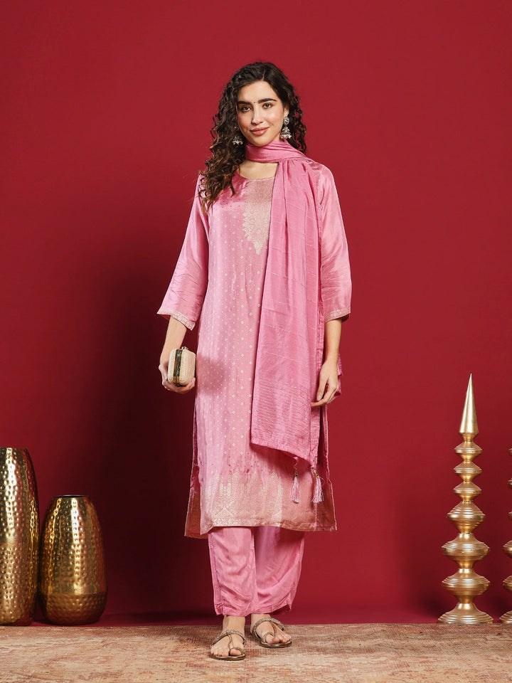Embroidered Cotton Kurta With Pant &amp; Dupatta