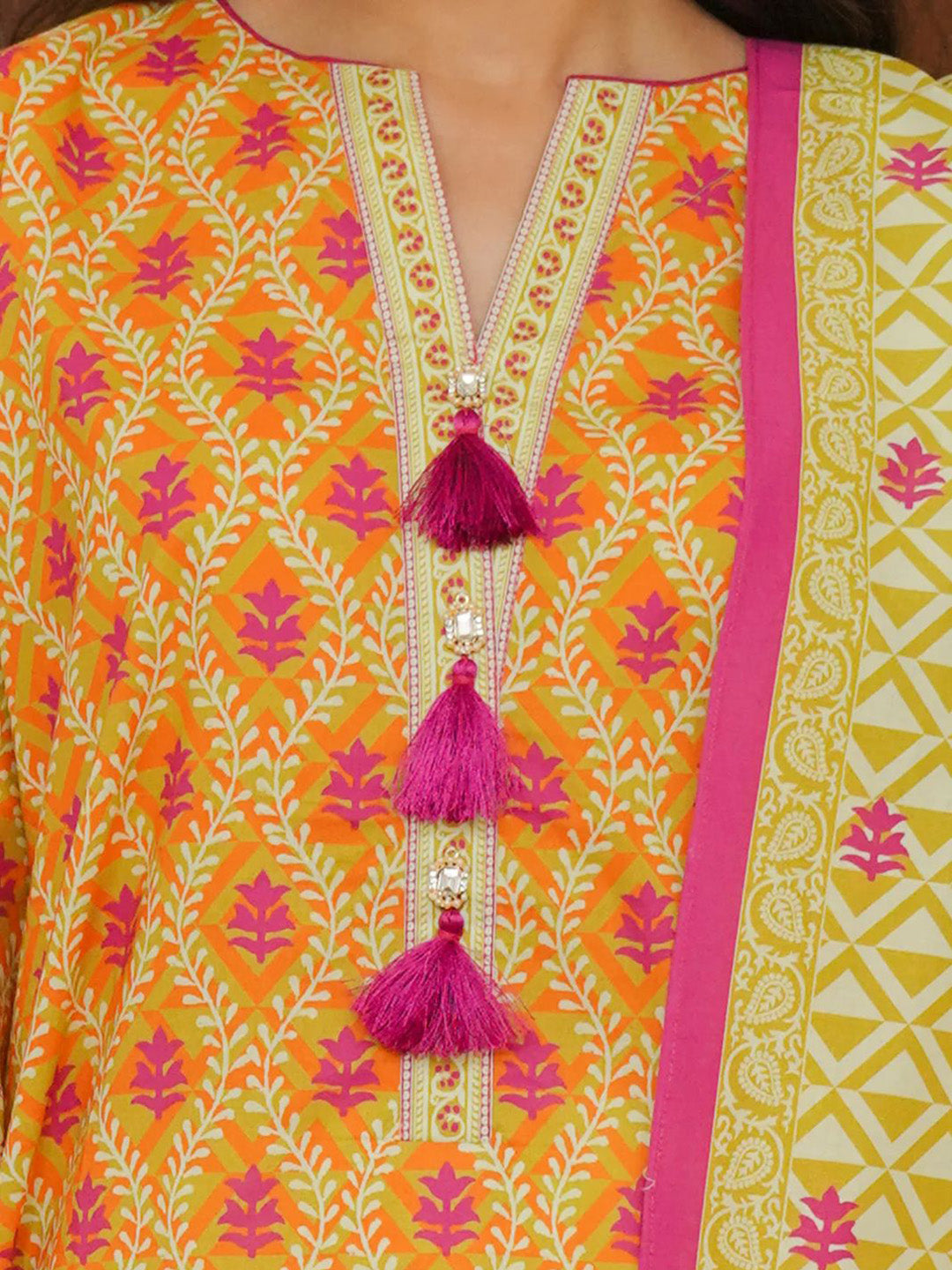 Embroidered Cotton Kaftaan With Plazzo &amp; Dupatta