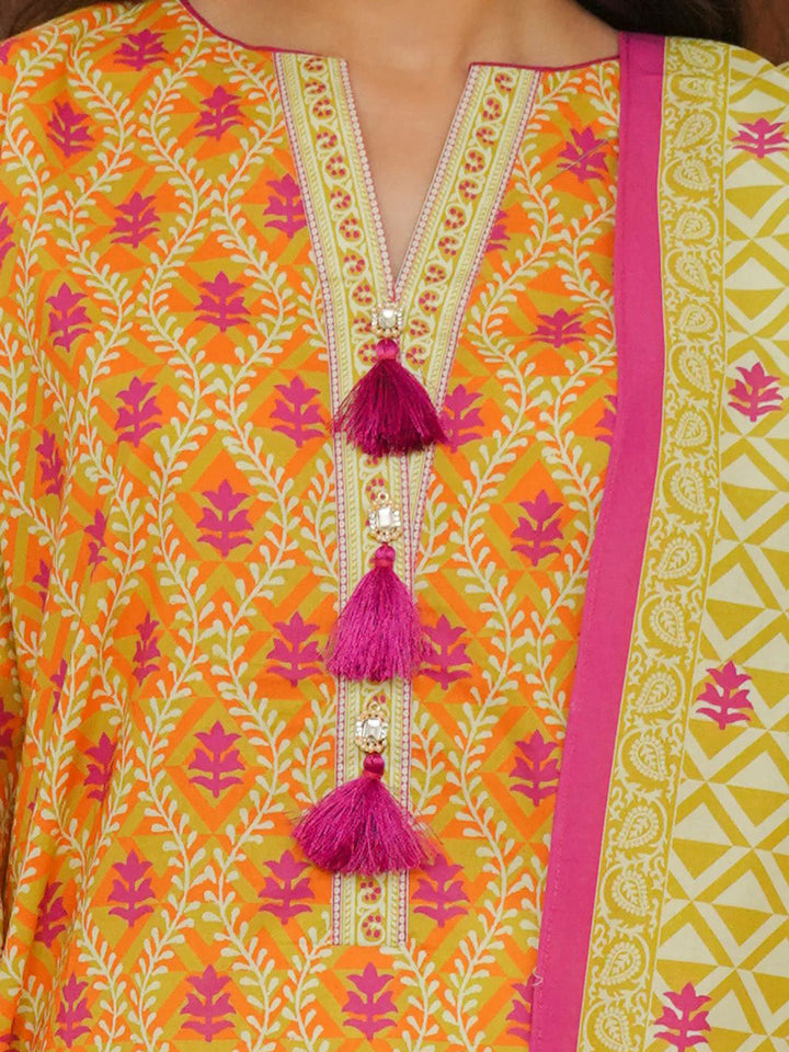 Embroidered Cotton Kaftaan With Plazzo &amp; Dupatta