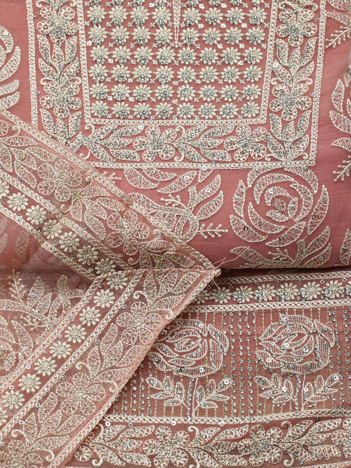 Embroidered Organza Unstitched Suit With Pant &amp; Dupatta