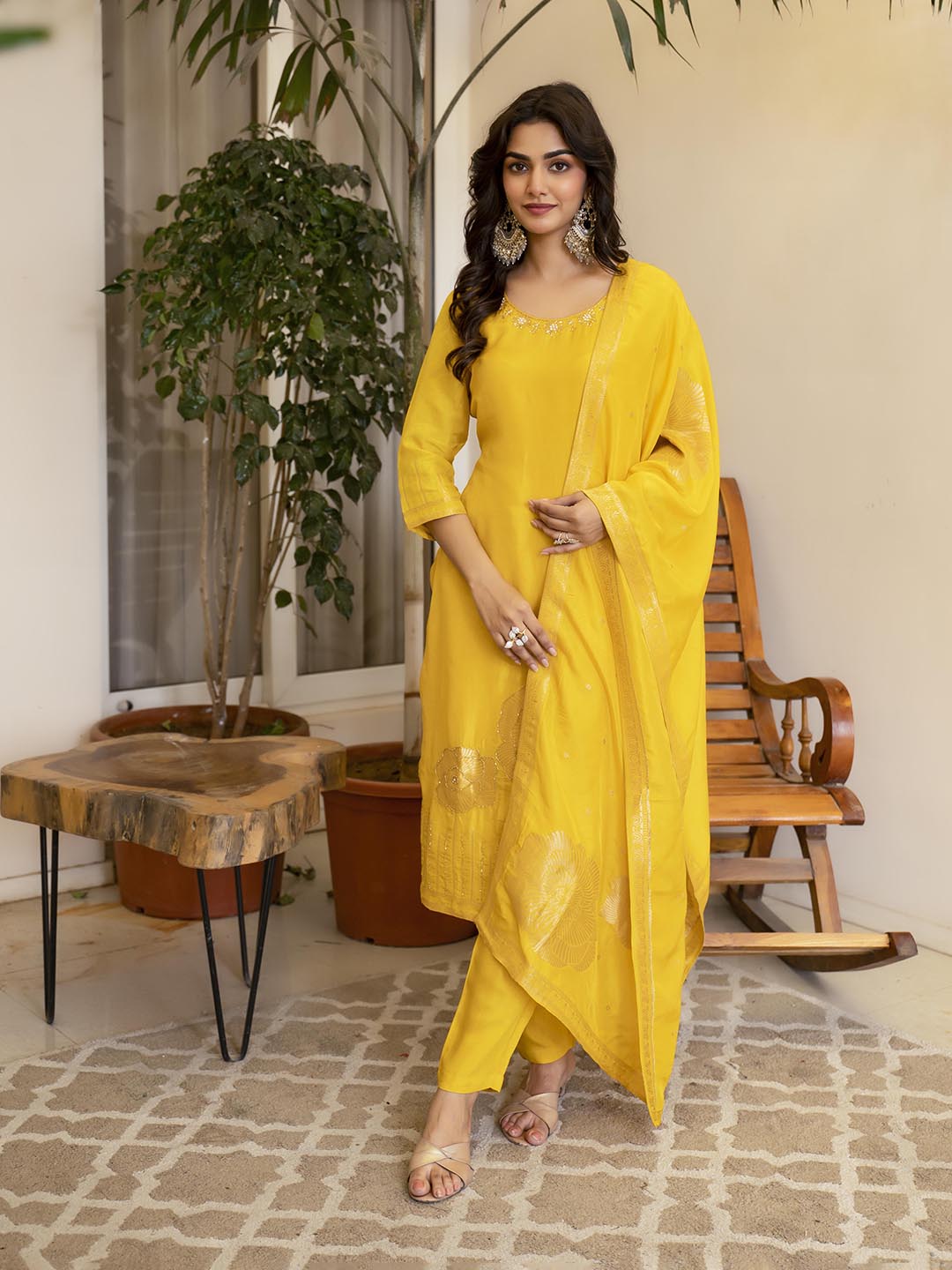 Embroidered Silk Kurta With Pant &amp; Dupatta