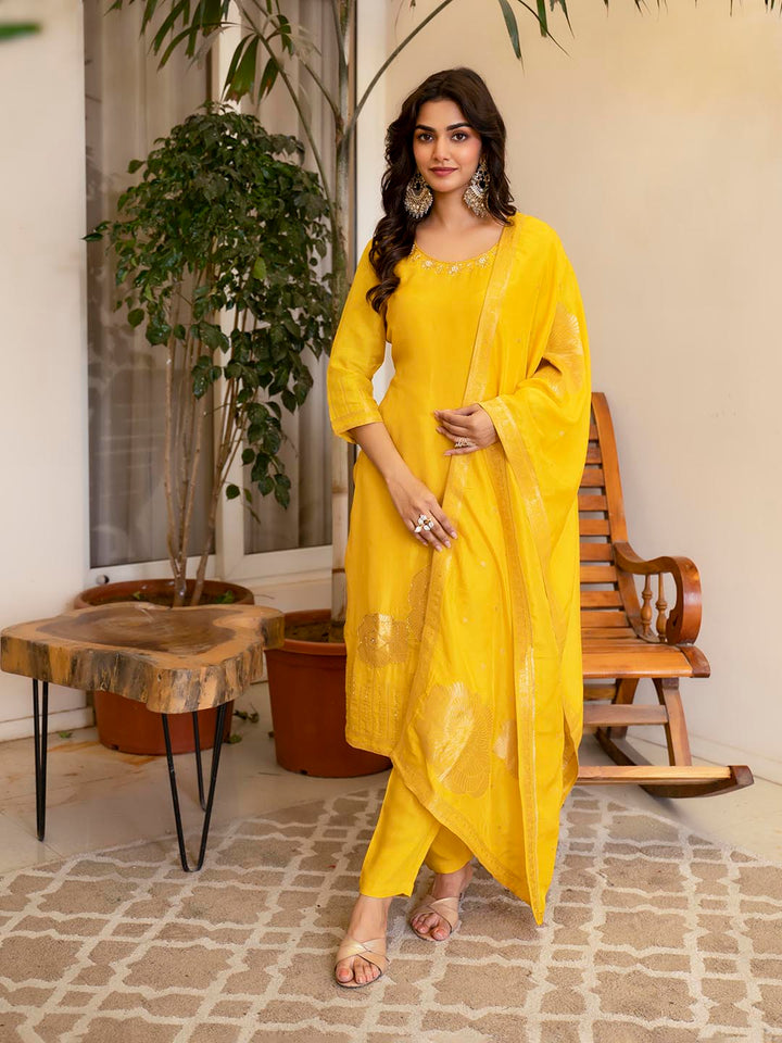 Embroidered Silk Kurta With Pant &amp; Dupatta