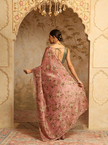 Floral Printed & Sequin Embroidery Organza Tissue Saree