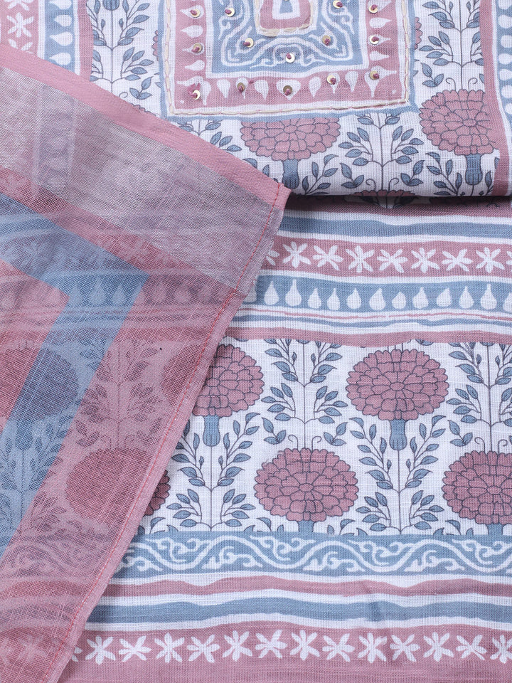 Printed Linen Blend Unstitched Suit With Pant &amp; Dupatta
