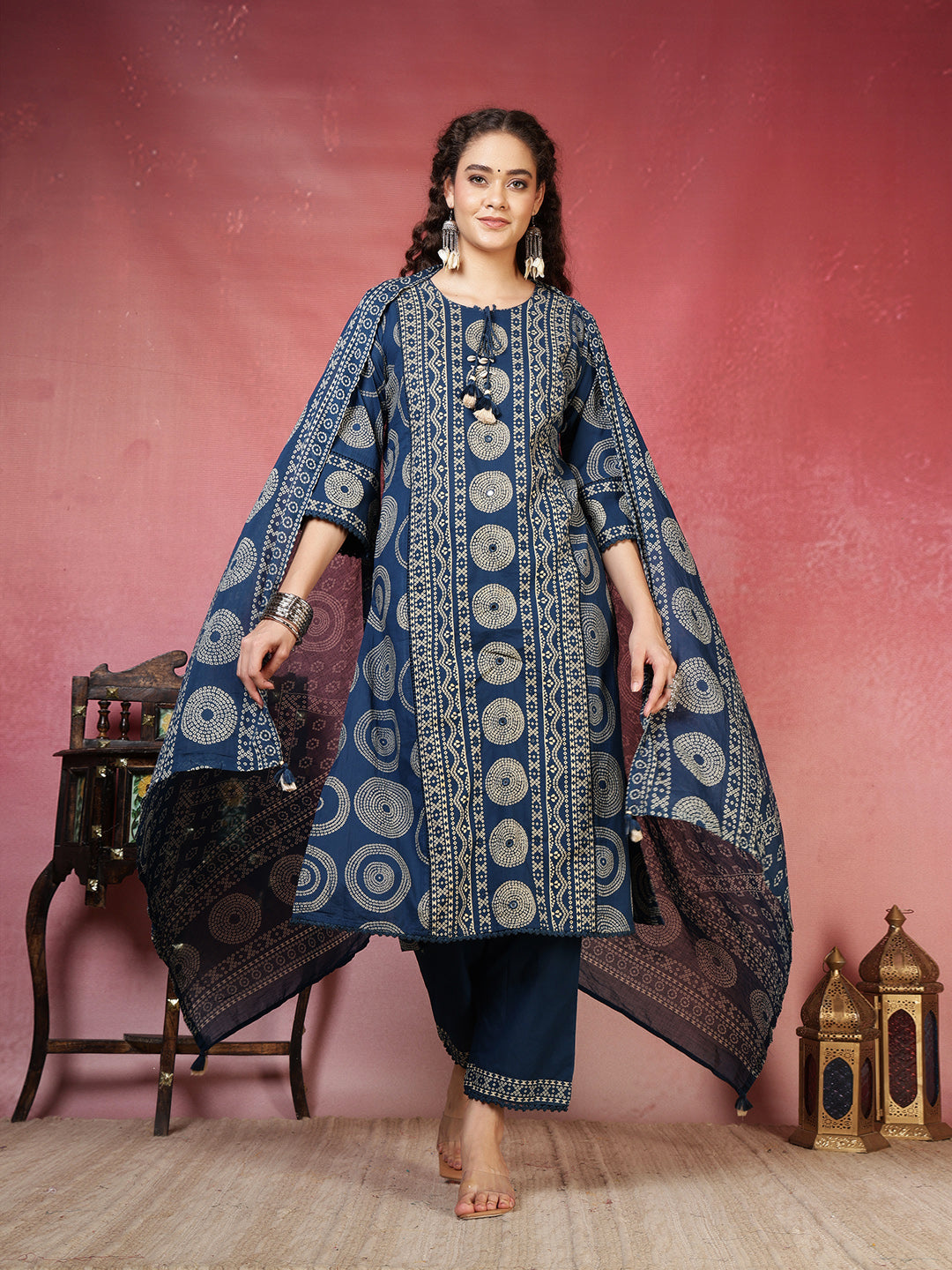Teal Blue Cotton Blend Printed Straight Suit Set