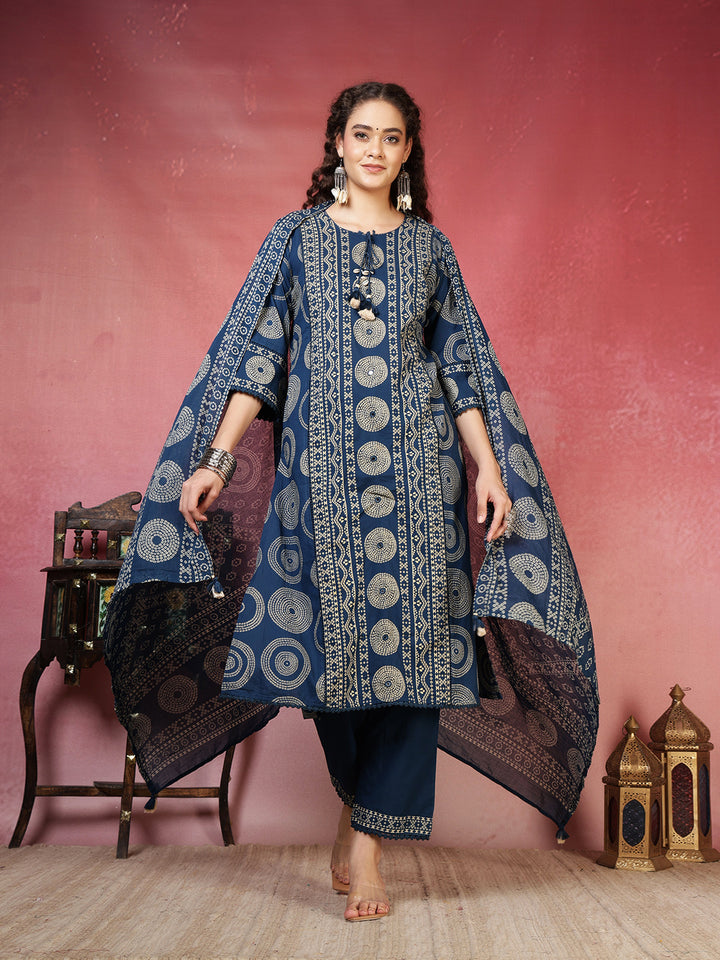 Teal Blue Cotton Blend Printed Straight Suit Set