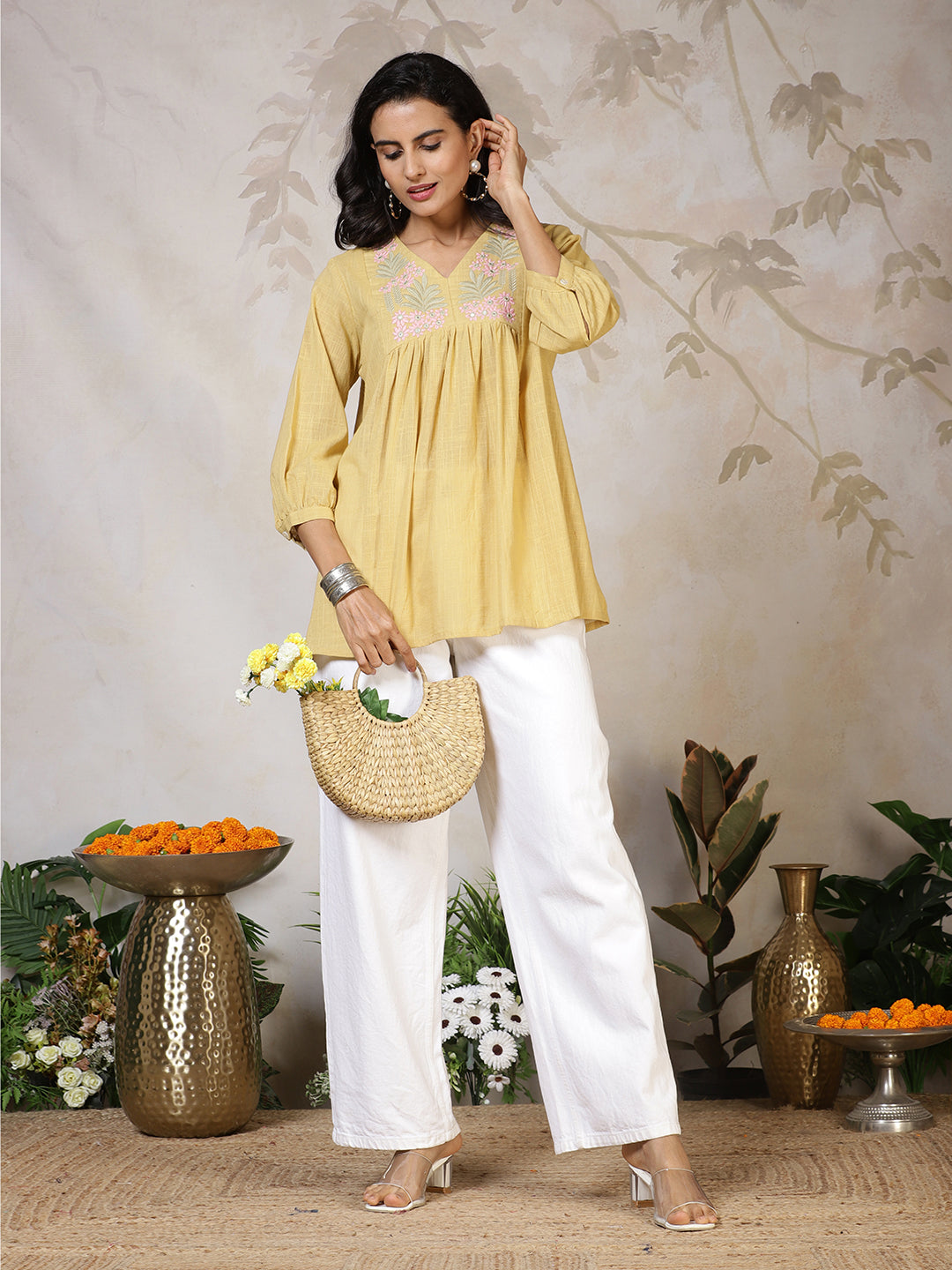 Yellow Cotton Printed Kurti