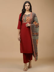 Printed Chanderi Kurta With Pants & Dupatta