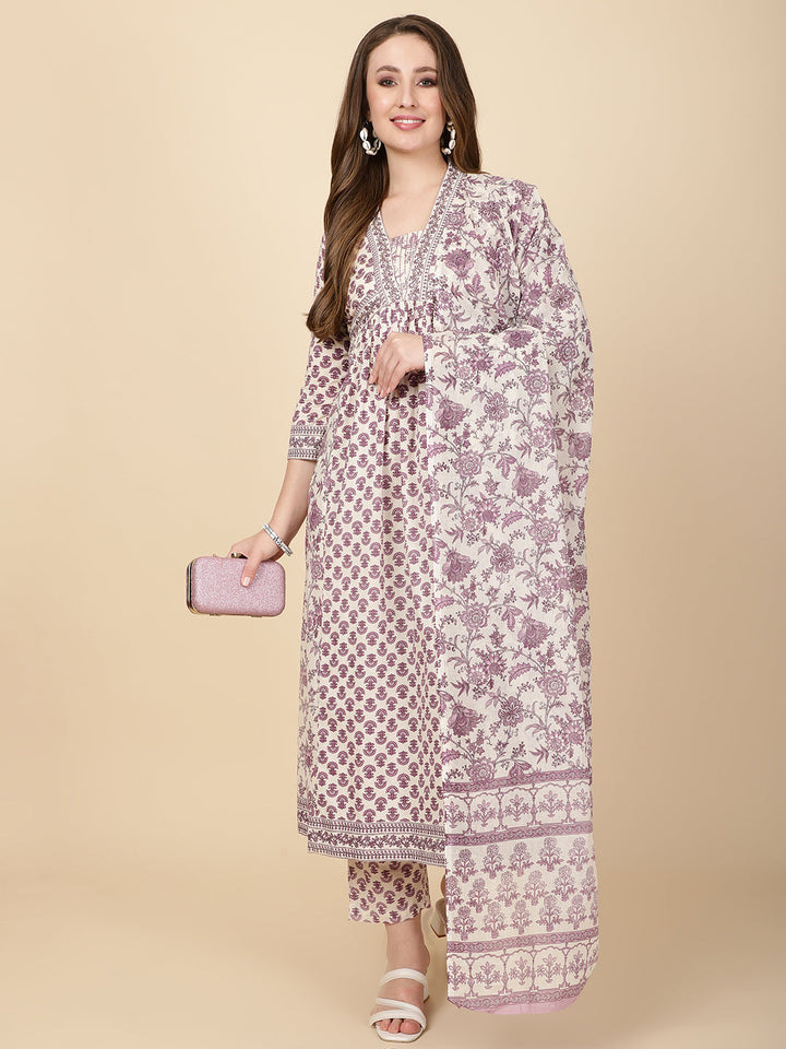 Floral Printed Cotton Blend Purple Cream Suit With Pant &amp; Dupatta