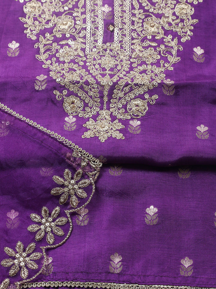 Embroidered Chanderi Unstitched Suit With Pant &amp; Dupatta
