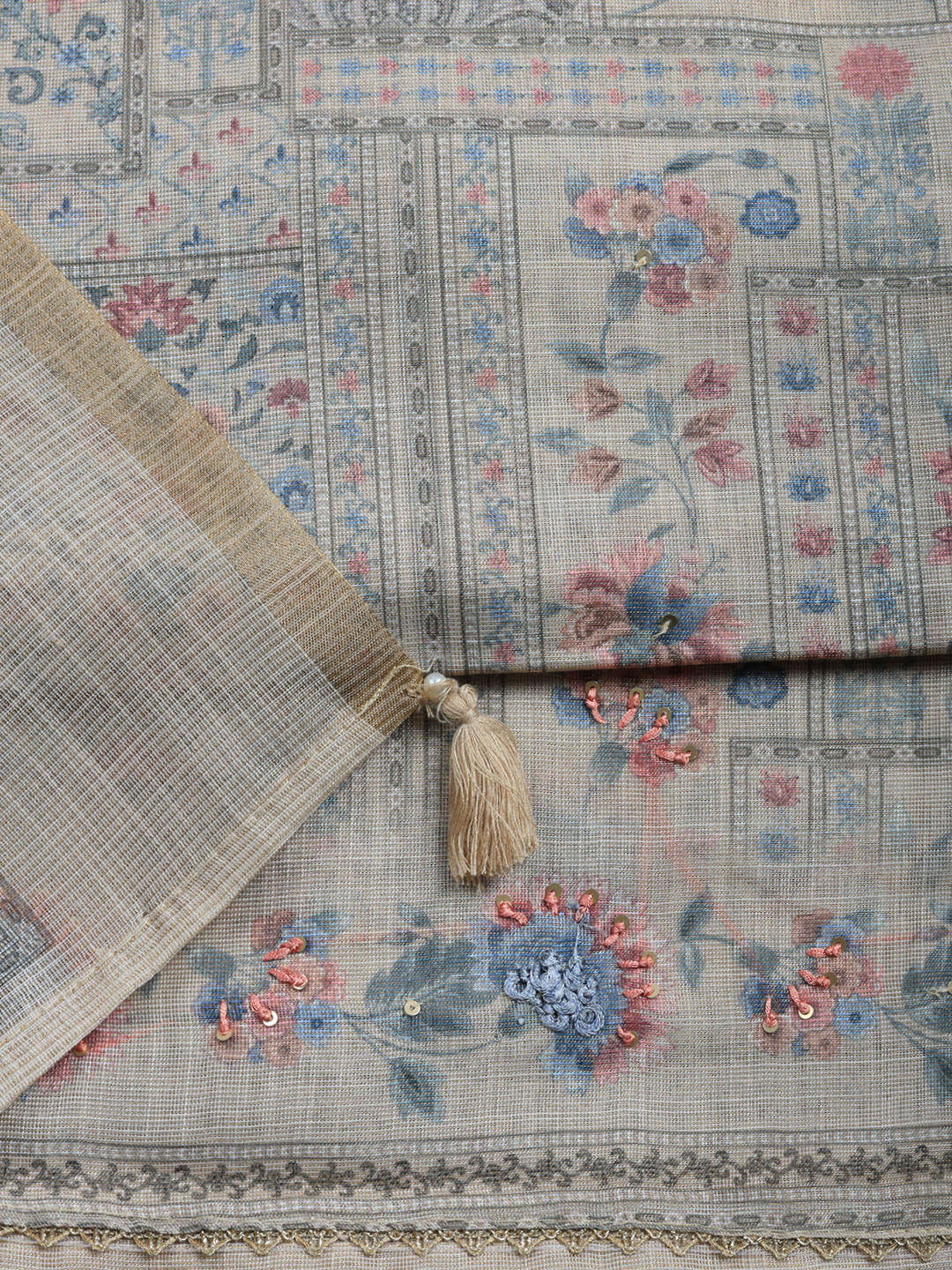 Printed Linen Blend Unstitched Suit With Pant &amp; Dupatta