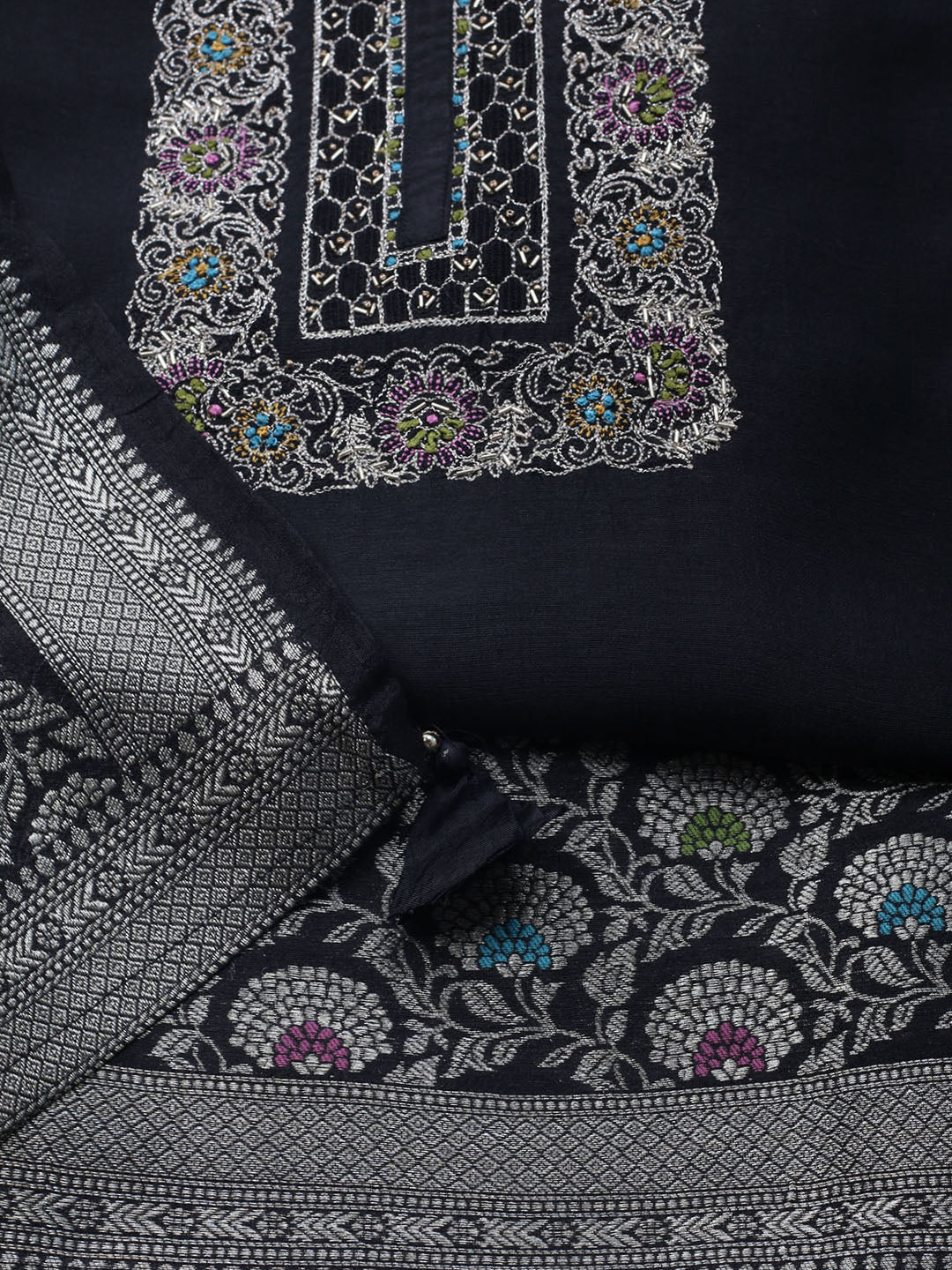 Embroidered Art Silk Unstitched Suit With Dupatta