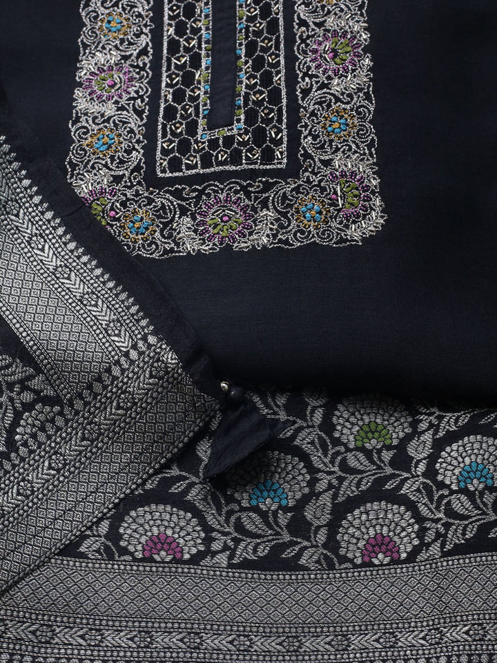 Embroidered Art Silk Unstitched Suit With Dupatta