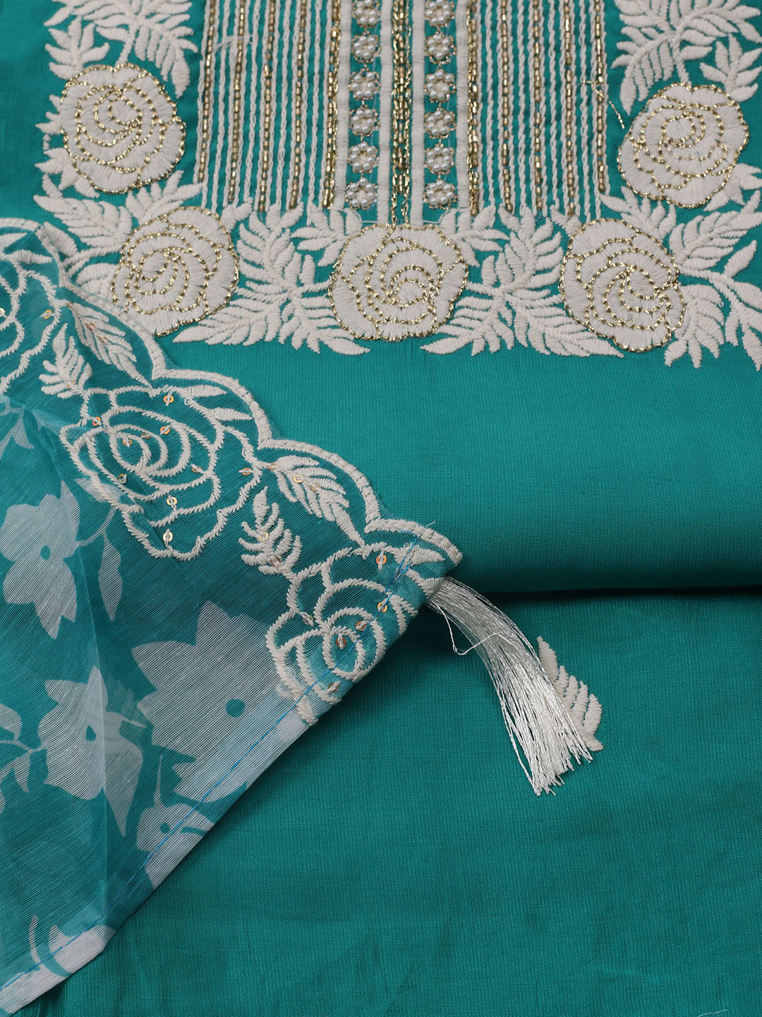 Neck Embroidered Chanderi Unstitched Suit With Dupatta